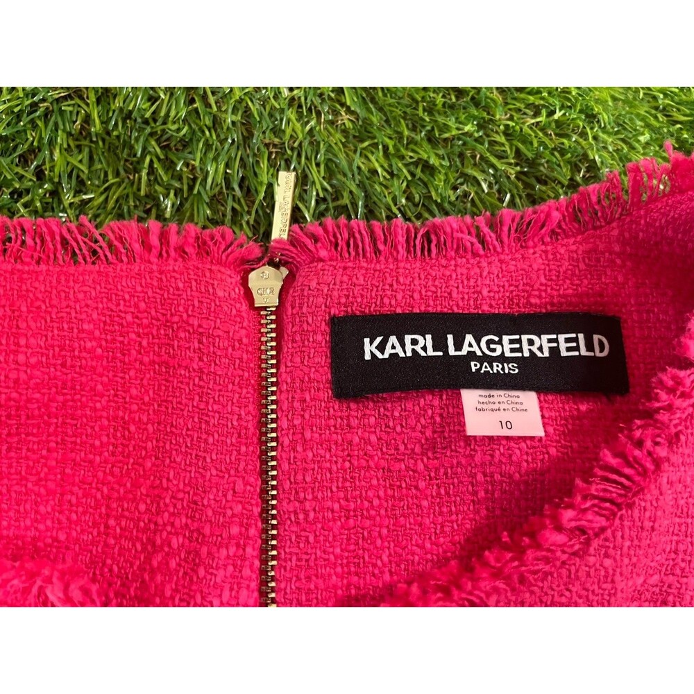 Karl Lagerfeld Paris Tonal Tweed Pink Dress Size 10 Fringe Gold Buttons - Picture 2 of 9